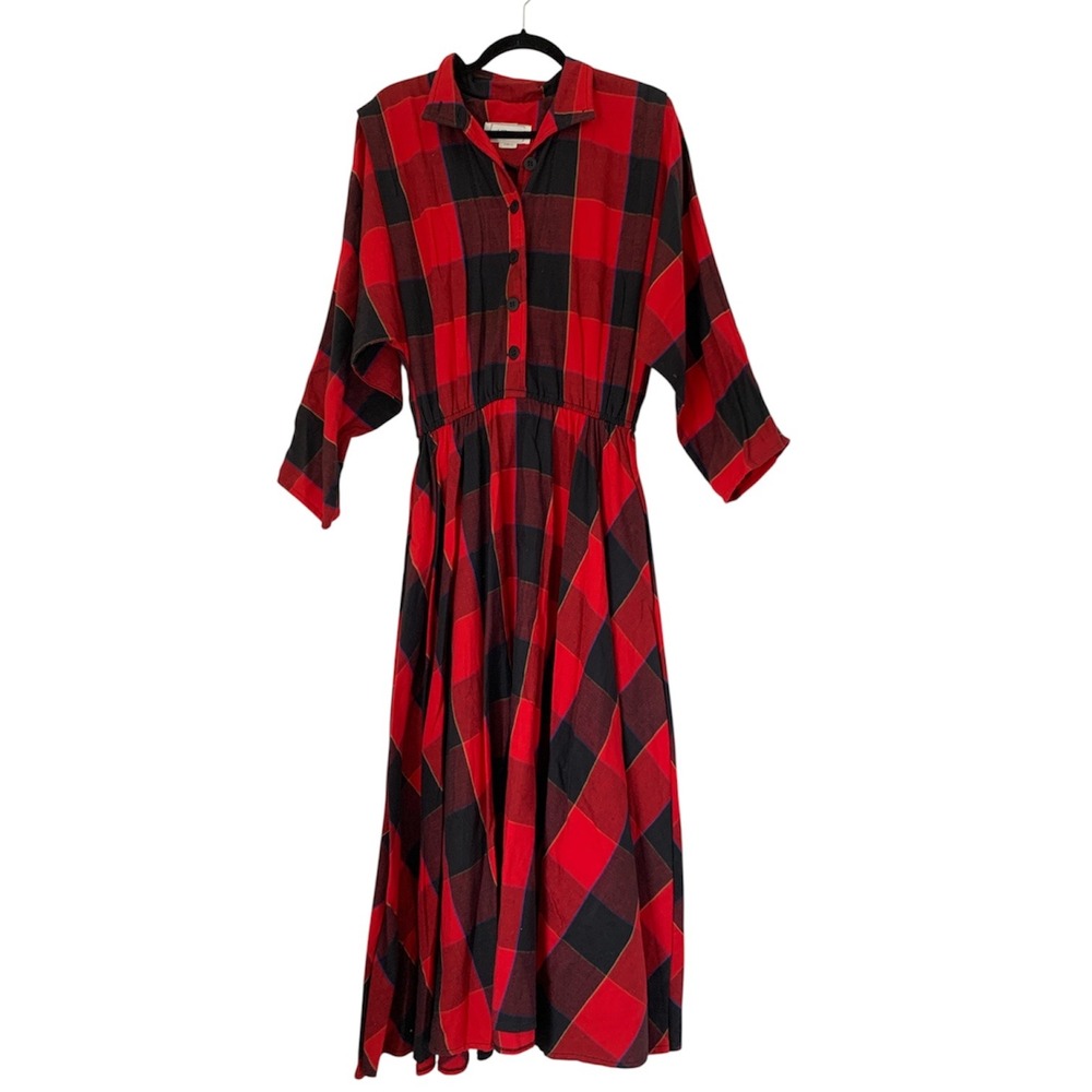 Vintage 90s Buffalo Plaid‎ Maxi Dress Women 14 Red Black Cotton Americana Cabin